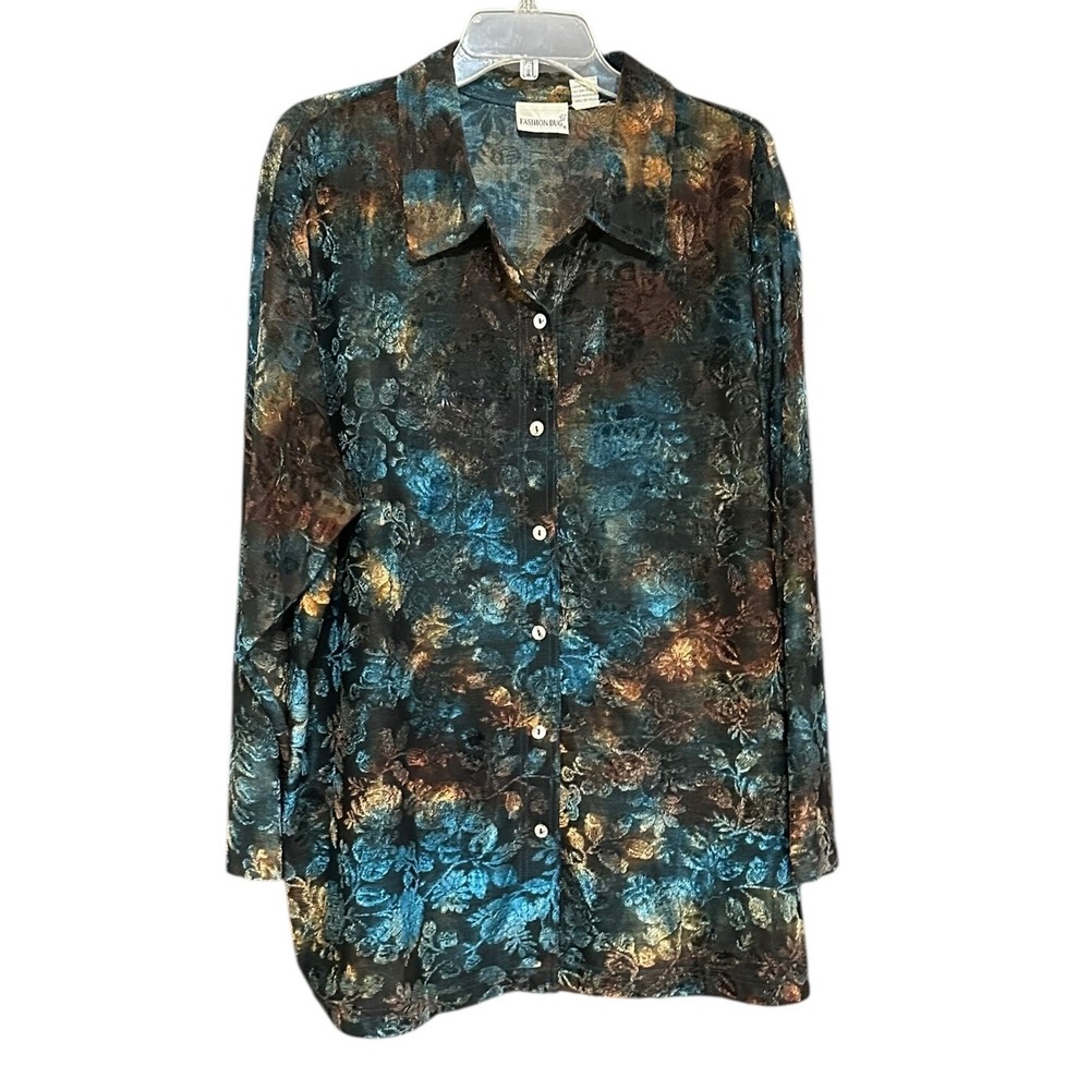 Fashion Bug Vintage‎ Burnout Velvet Floral Button Down Shirt Teal Bronze 22/24W